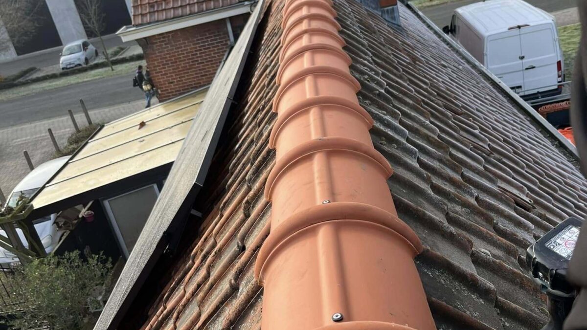 Bijgebouw voorzien van nieuwe nokken en noordbomen.